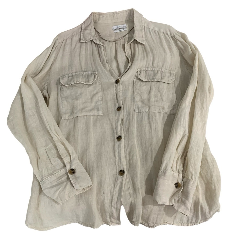 Zara 100% Linen Women's Size Large Long Sleeve Shirt Blouse Beige - Picture 1 of 5